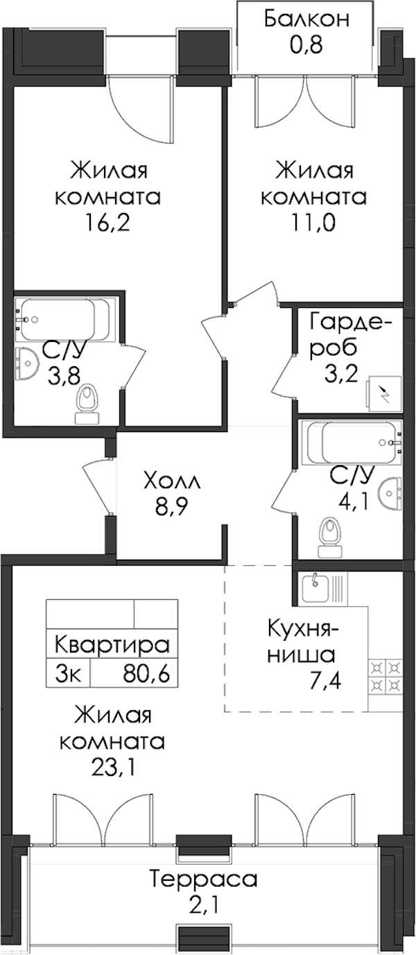 2-комнатная квартира 80.6 м², 7/7 эт., ЖК «Лермонтовский 54»